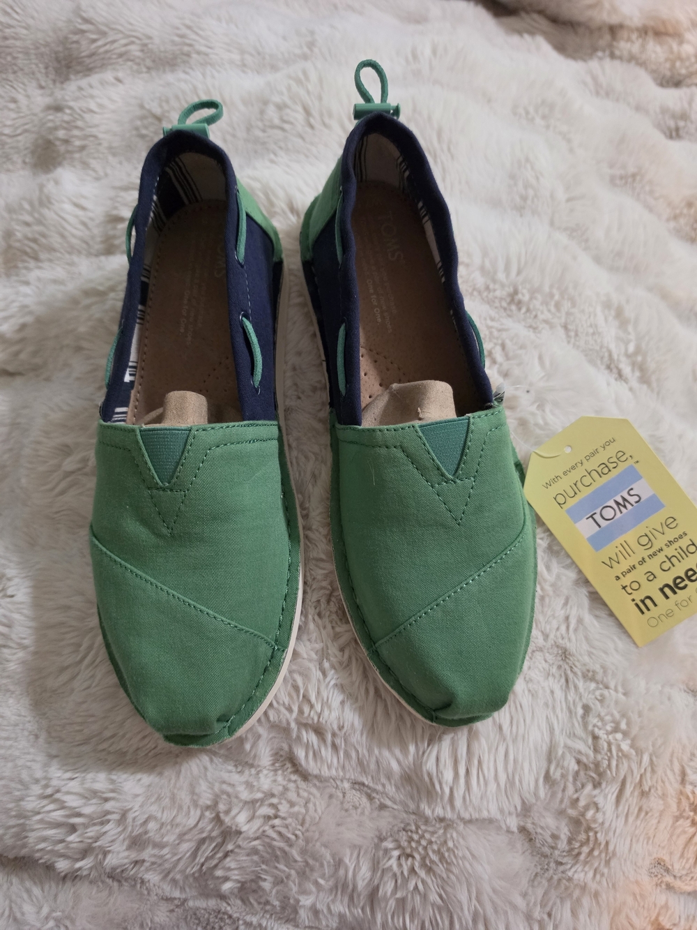 TOMS Green Canvas Slip-Ons with Navy Accents
